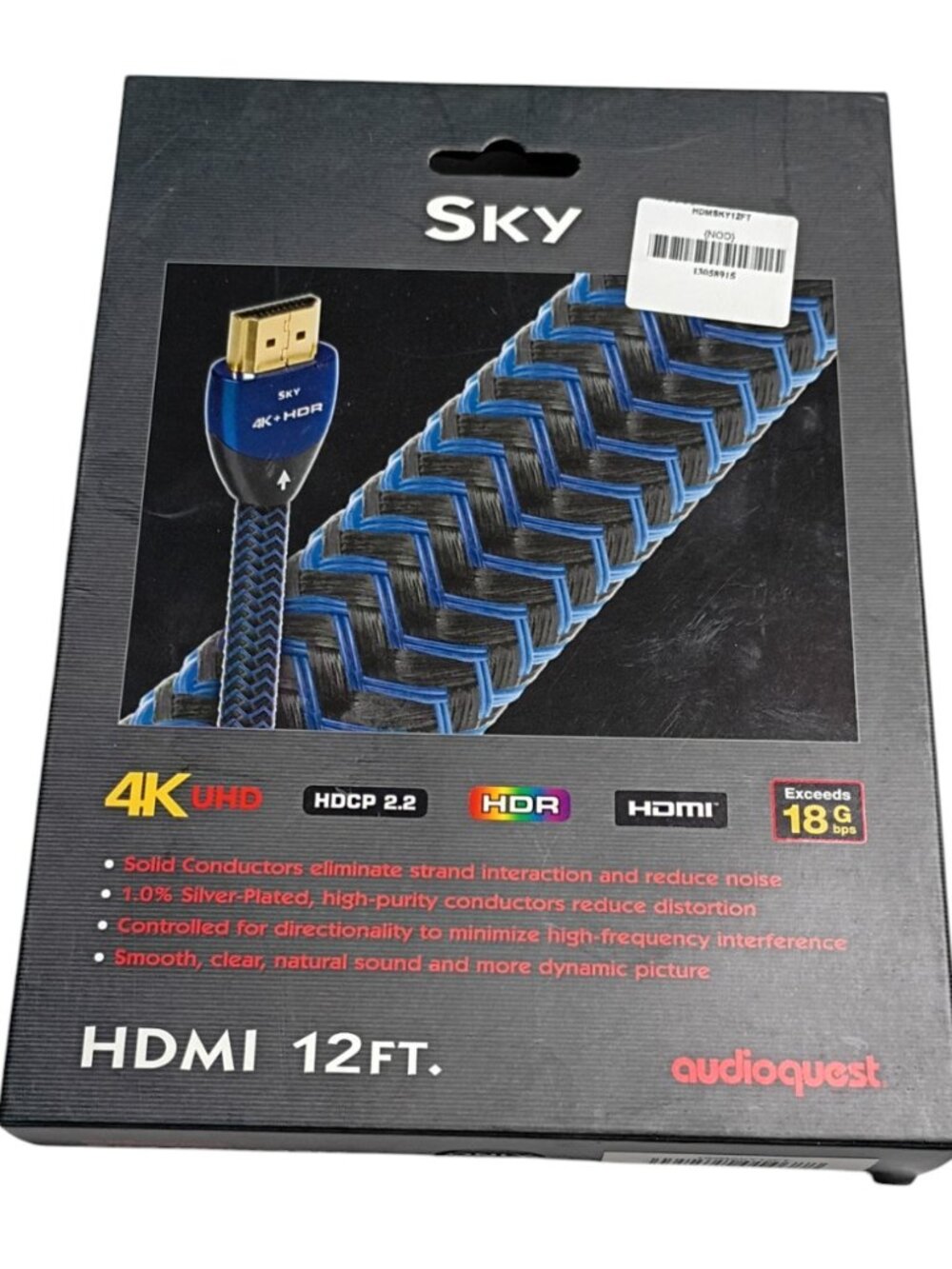 Audioquest Sky Hdmi 12Ft Cable 4K Uhd Hdr 3D Ethernet Arc 18Gbps Blue Black